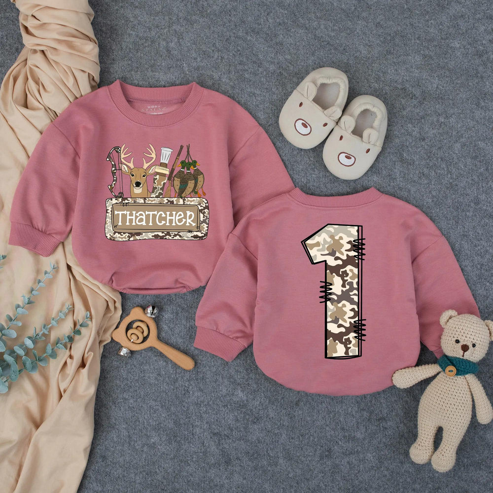 Personalized Hunting Camo First Birthday Outfit for Baby Boy with Deer Head and Woodland Graphics, Cake Smash Romper Party Outfit