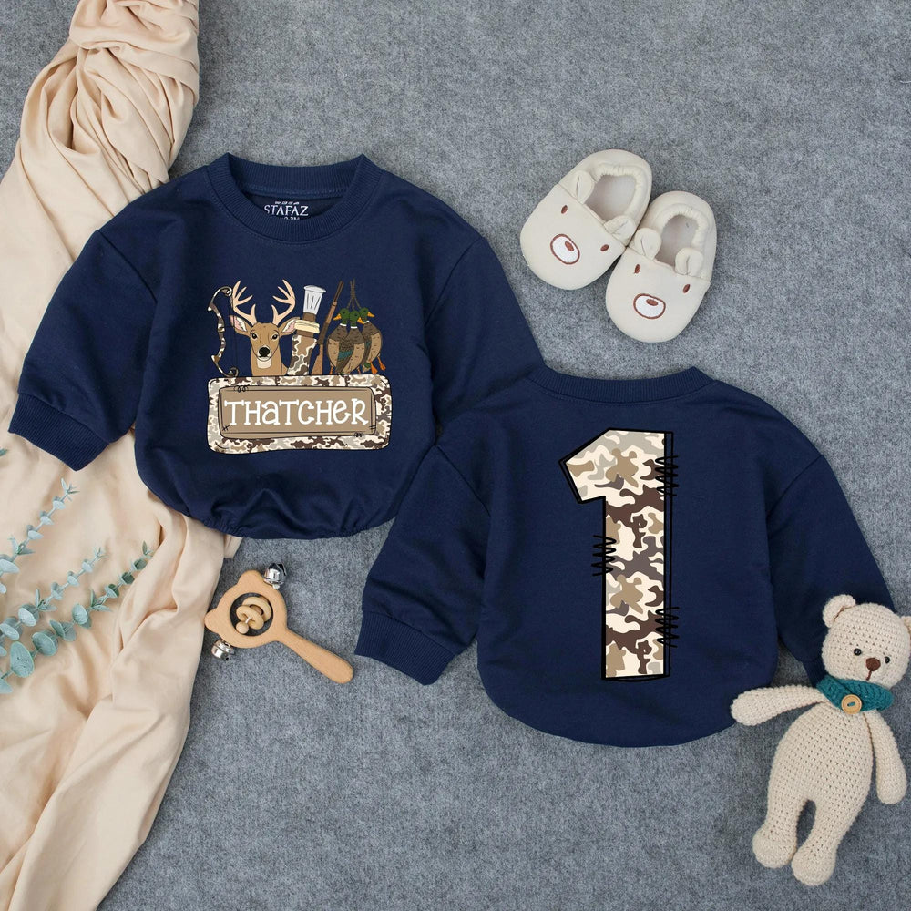Personalized Hunting Camo First Birthday Outfit for Baby Boy with Deer Head and Woodland Graphics, Cake Smash Romper Party Outfit
