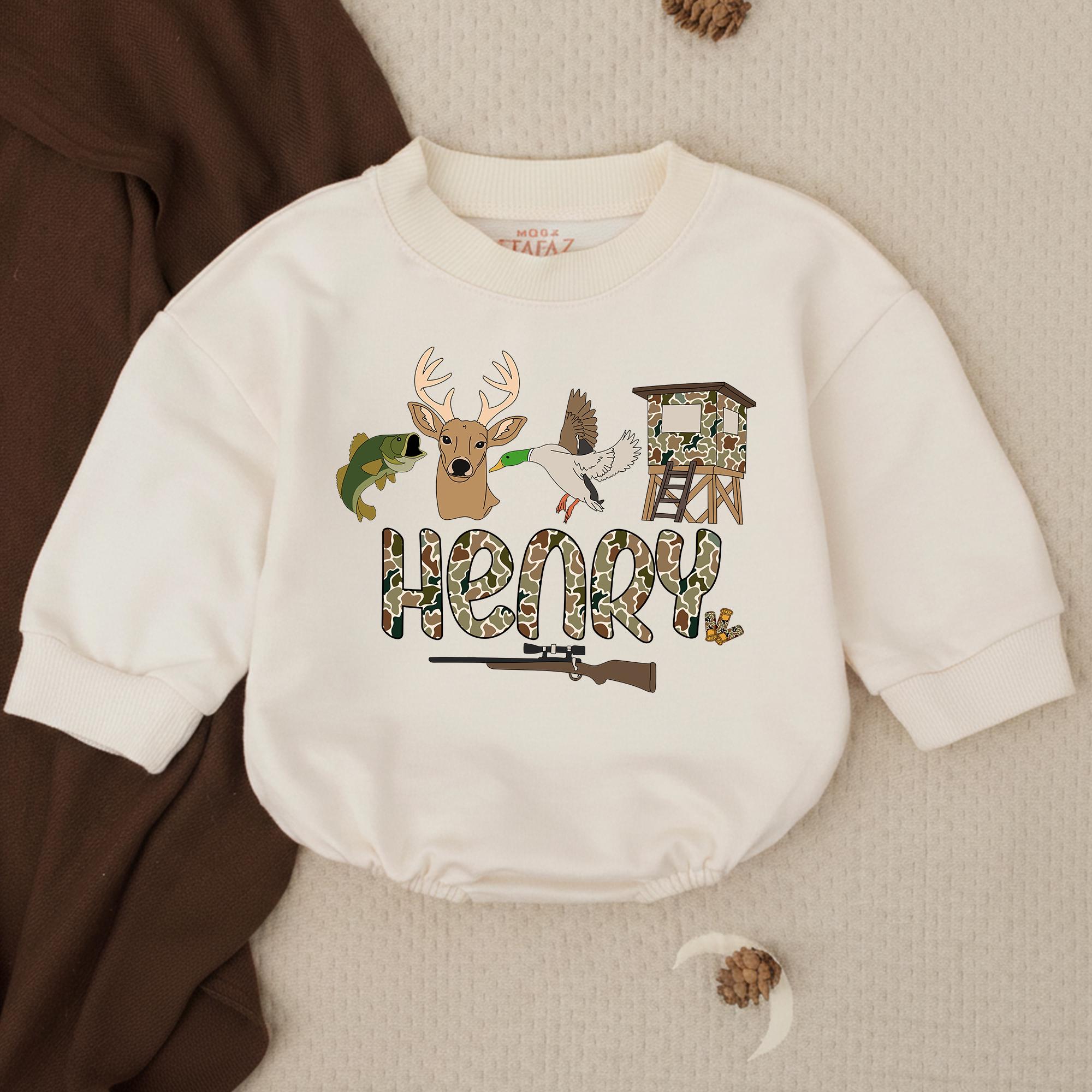 Personalized Hunting and Fishing Baby Romper with Camo Name Design, Duck Deer Mallard Toddler Outfit, Rustic Infant Gift for Outdoor Families