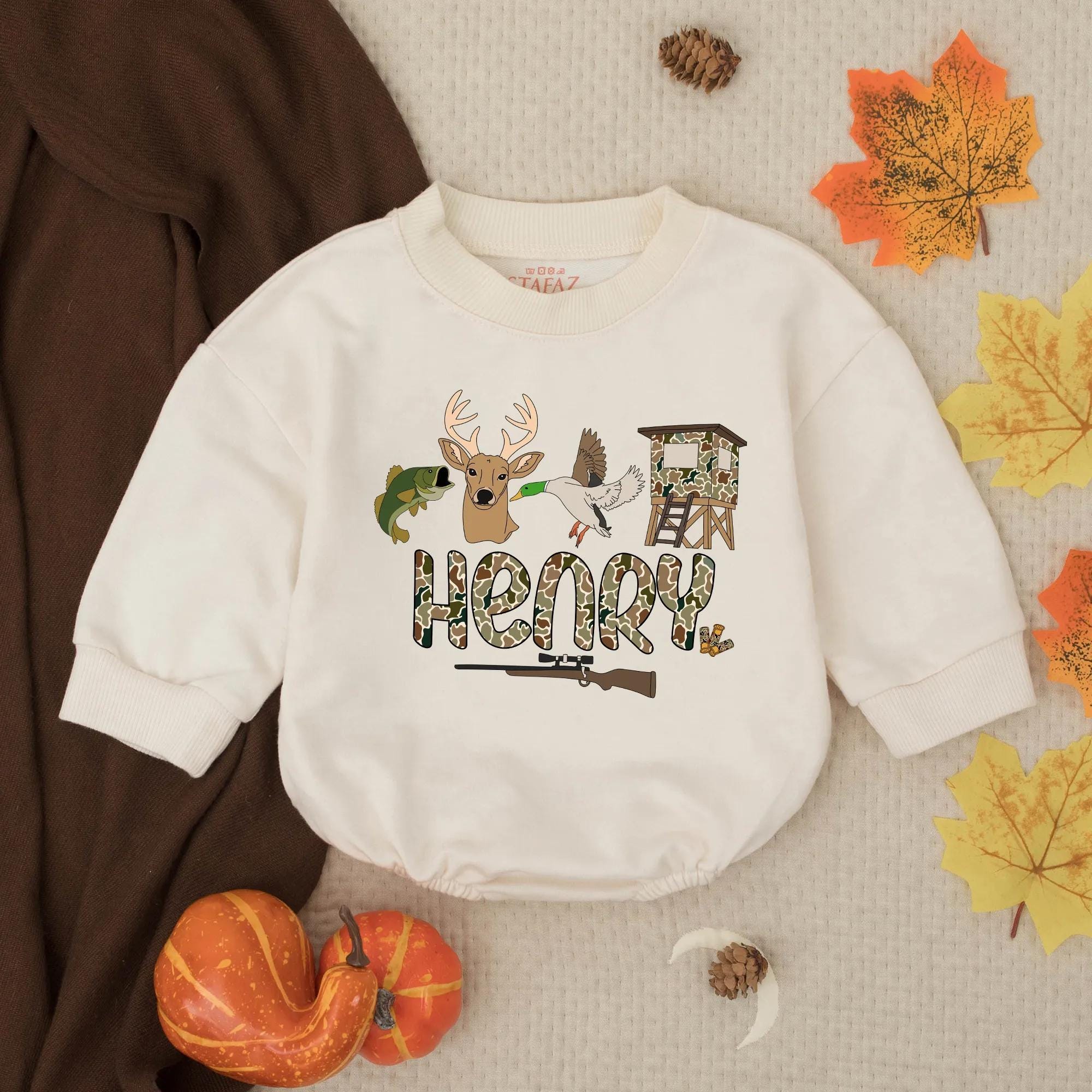 Personalized Hunting and Fishing Baby Romper with Camo Name Design, Duck Deer Mallard Toddler Outfit, Rustic Infant Gift for Outdoor Families