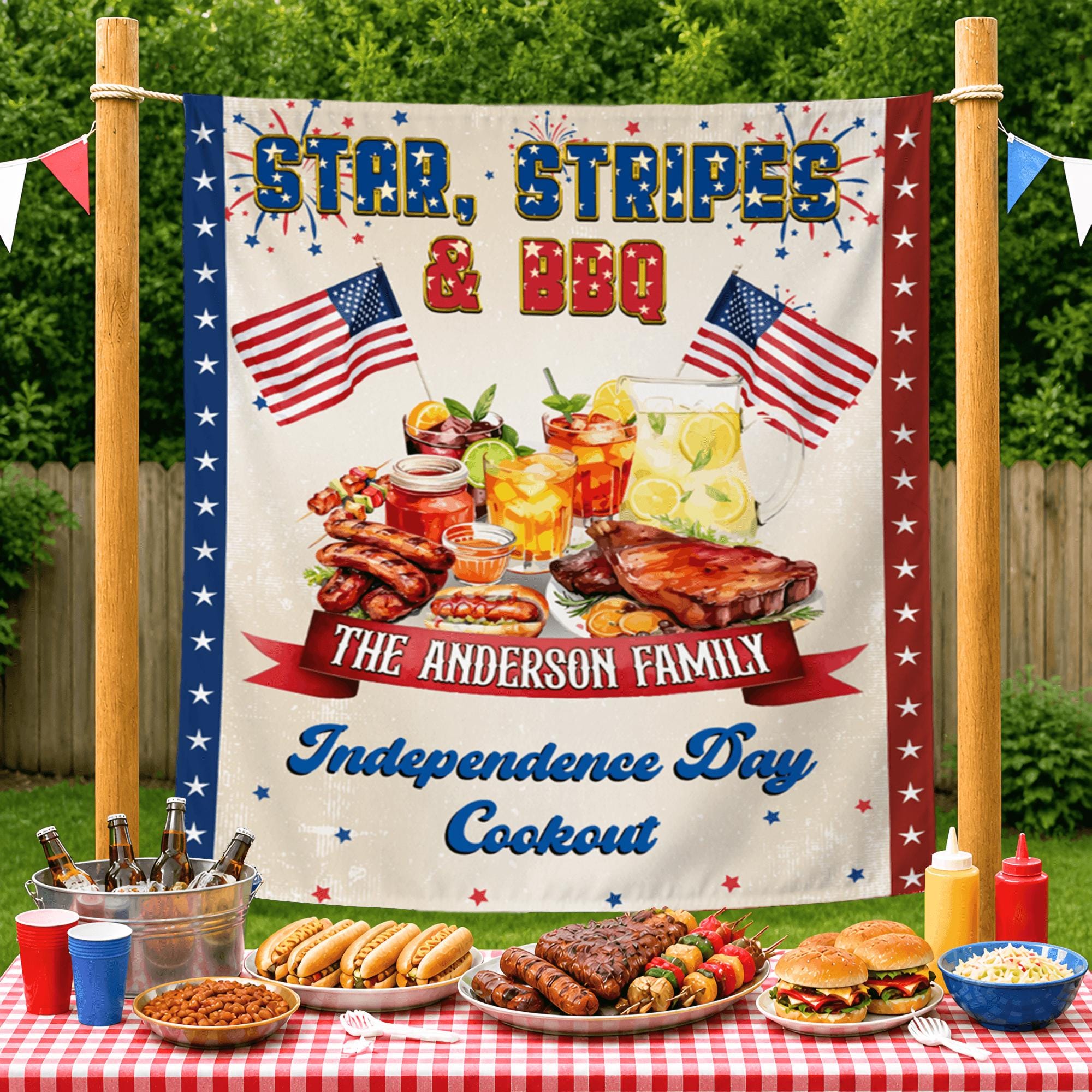 Personalized Independence Day Banner for Family BBQ Cookout, Star Stripes Theme, Custom 4th of July Party Backdrop with Patriotic Design