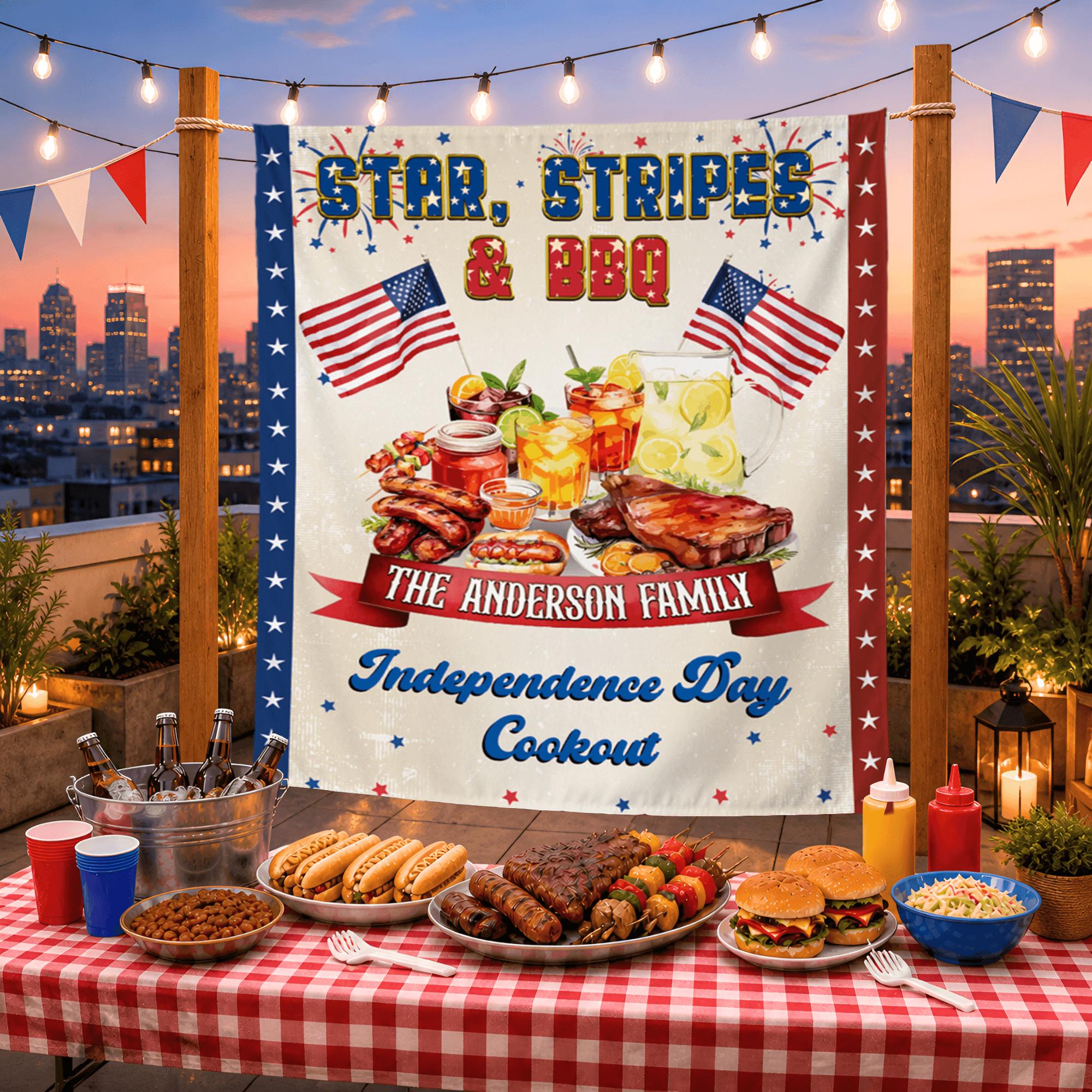 Personalized Independence Day Banner for Family BBQ Cookout, Star Stripes Theme, Custom 4th of July Party Backdrop with Patriotic Design