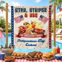 Personalized Independence Day Banner for Family BBQ Cookout, Star Stripes Theme, Custom 4th of July Party Backdrop with Patriotic Design