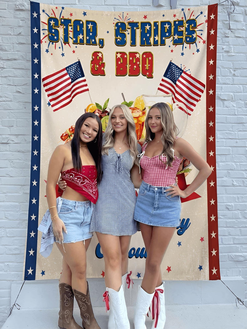 Personalized Independence Day Banner for Family BBQ Cookout, Star Stripes Theme, Custom 4th of July Party Backdrop with Patriotic Design