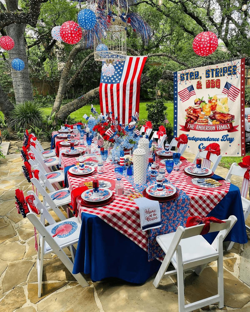 Personalized Independence Day Banner for Family BBQ Cookout, Star Stripes Theme, Custom 4th of July Party Backdrop with Patriotic Design