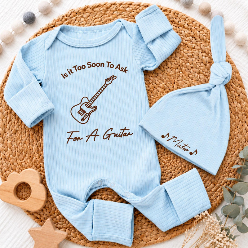 Personalized 'Is It Too Soon To Ask For A Guitar' Baby Bodysuit and Hat Set, Custom Name, Music Lover Newborn Gift, Soft Cotton Going Home Outfit