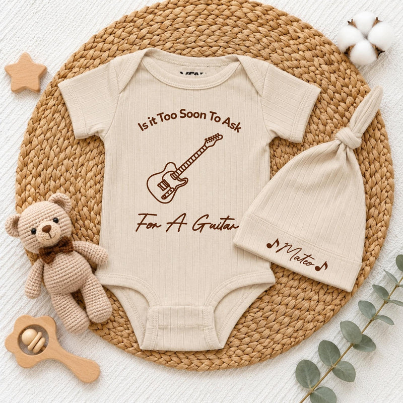 Personalized 'Is It Too Soon To Ask For A Guitar' Baby Bodysuit and Hat Set, Custom Name, Music Lover Newborn Gift, Soft Cotton Going Home Outfit