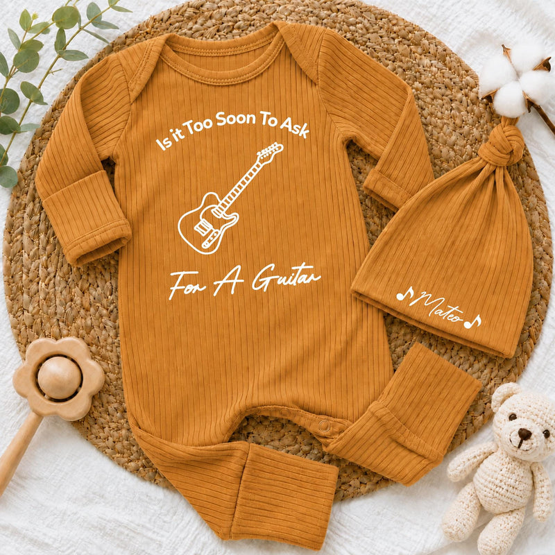 Personalized 'Is It Too Soon To Ask For A Guitar' Baby Bodysuit and Hat Set, Custom Name, Music Lover Newborn Gift, Soft Cotton Going Home Outfit