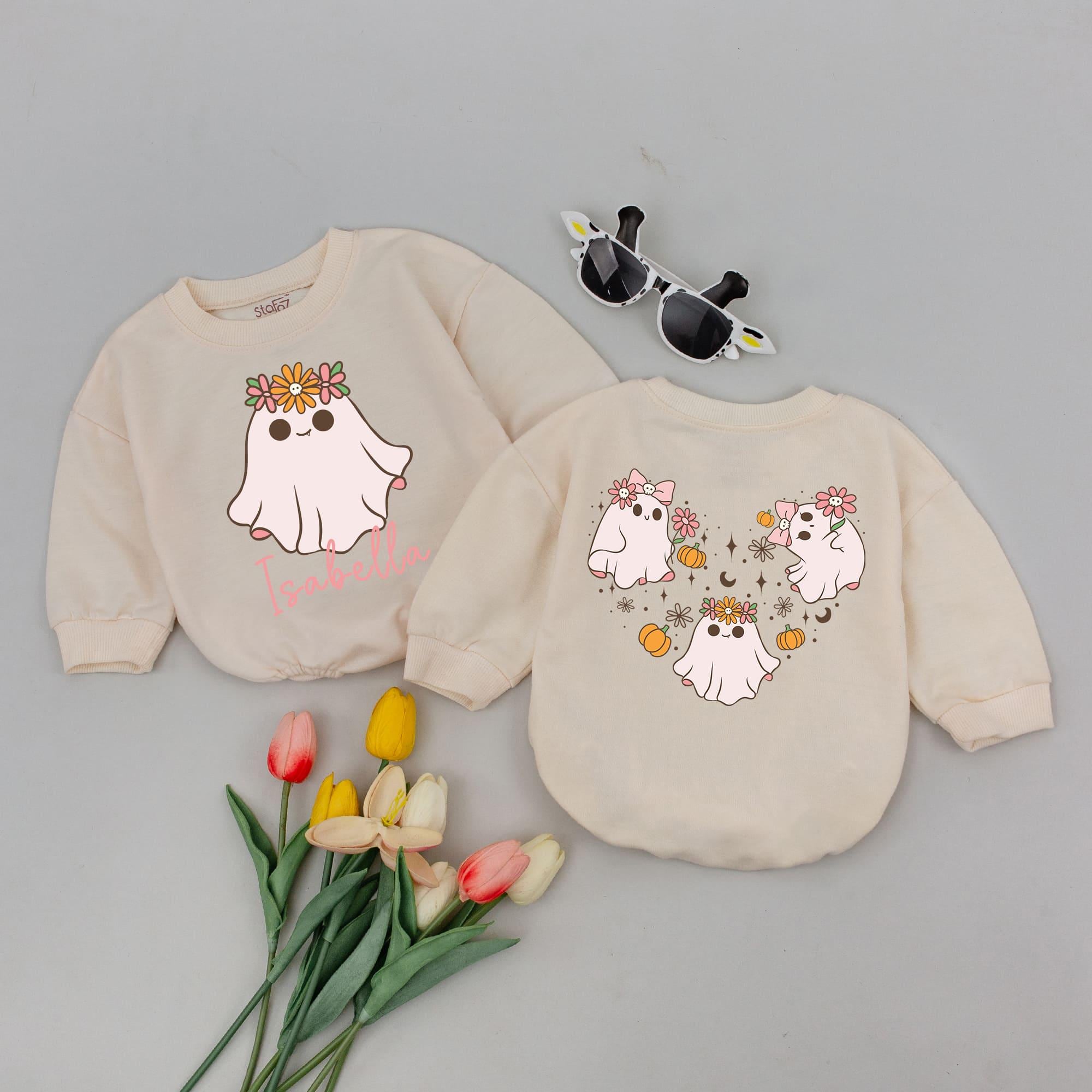 Personalized Isabella Ghost Floral Crown Baby Romper Soft Halloween Bodysuit Fall Newborn Outfit in Cozy Rust Cotton with Pumpkins