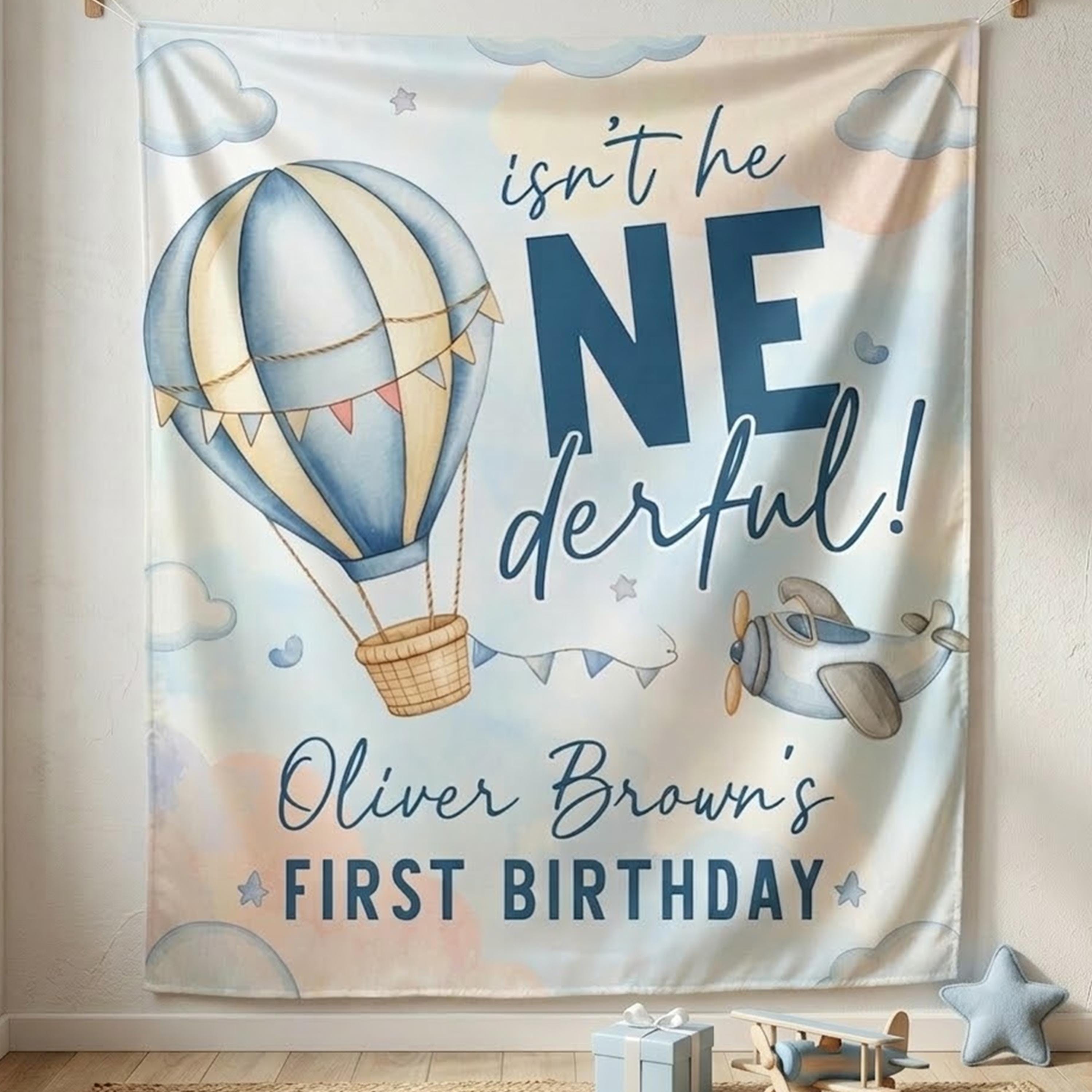 Personalized Isn't He ONEderful Hot Air Balloon Banner for Baby Boy's First Birthday, Custom Name Cake Smash Party Backdrop Decor
