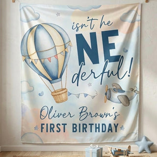Personalized Isn't He ONEderful Hot Air Balloon Banner for Baby Boy's First Birthday, Custom Name Cake Smash Party Backdrop Decor