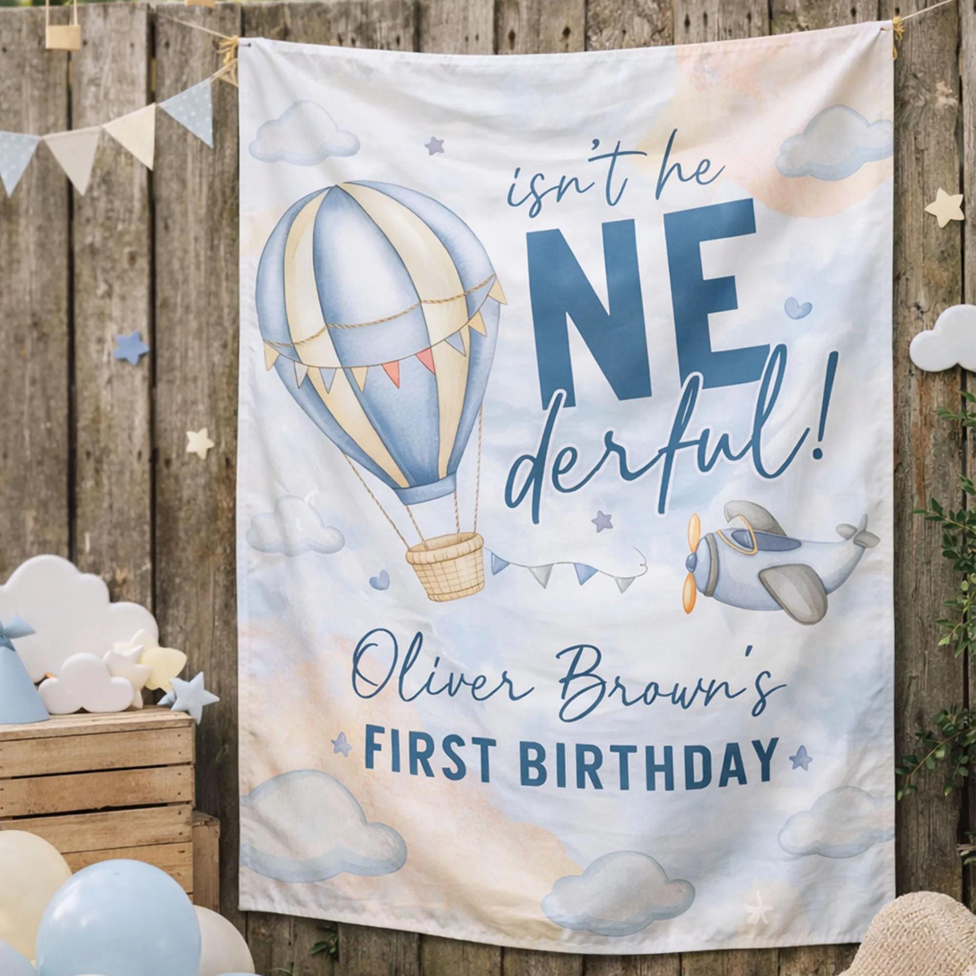 Personalized Isn't He ONEderful Hot Air Balloon Banner for Baby Boy's First Birthday, Custom Name Cake Smash Party Backdrop Decor