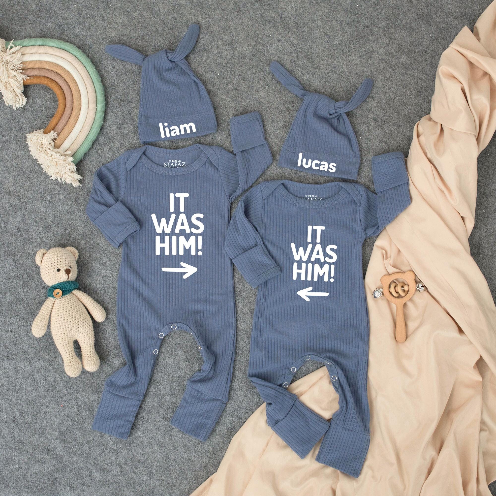 Personalized It Was Him Baby Bodysuit and Hat Set Funny Twin Boy Outfit Minimalist Newborn Gift Coming Home or Baby Shower Present