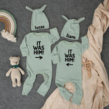 Personalized It Was Him Baby Bodysuit and Hat Set Funny Twin Boy Outfit Minimalist Newborn Gift Coming Home or Baby Shower Present
