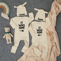 Personalized It Was Him Baby Bodysuit and Hat Set Funny Twin Boy Outfit Minimalist Newborn Gift Coming Home or Baby Shower Present