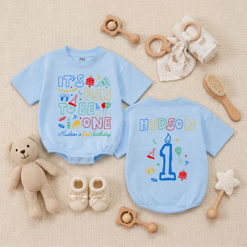 Personalized It's Fun to Be One Baby Romper Birthday Bodysuit with Custom Name First Party Outfit Gift for Infant or Toddler Celebration