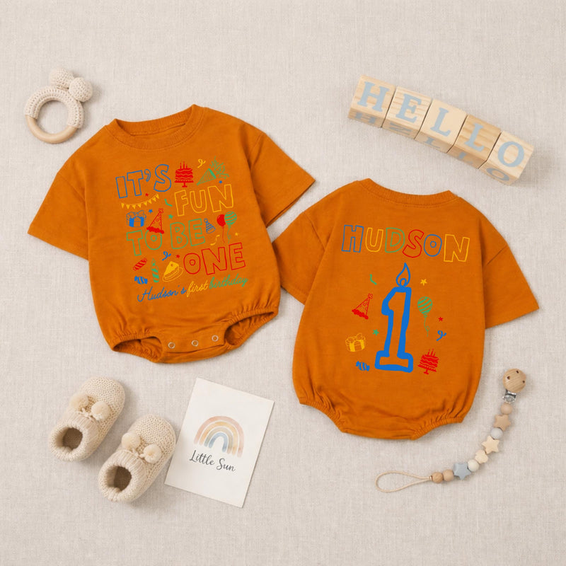 Personalized It's Fun to Be One Baby Romper Birthday Bodysuit with Custom Name First Party Outfit Gift for Infant or Toddler Celebration