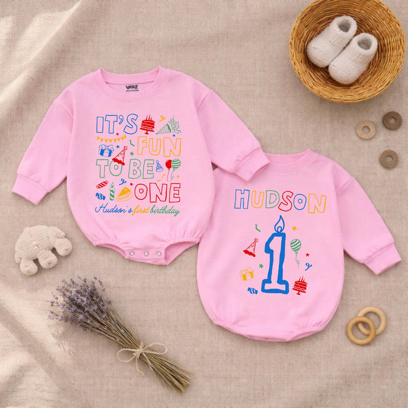 Personalized It's Fun to Be One Baby Romper Birthday Bodysuit with Custom Name First Party Outfit Gift for Infant or Toddler Celebration