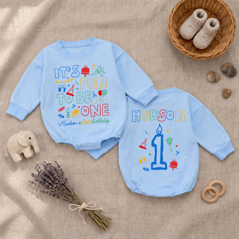 Personalized It's Fun to Be One Baby Romper Birthday Bodysuit with Custom Name First Party Outfit Gift for Infant or Toddler Celebration