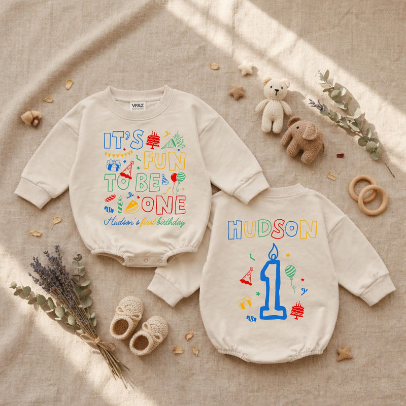 Personalized It's Fun to Be One Baby Romper Birthday Bodysuit with Custom Name First Party Outfit Gift for Infant or Toddler Celebration