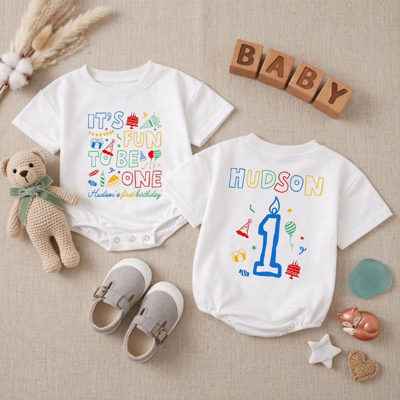 Personalized It's Fun to Be One Baby Romper Birthday Bodysuit with Custom Name First Party Outfit Gift for Infant or Toddler Celebration