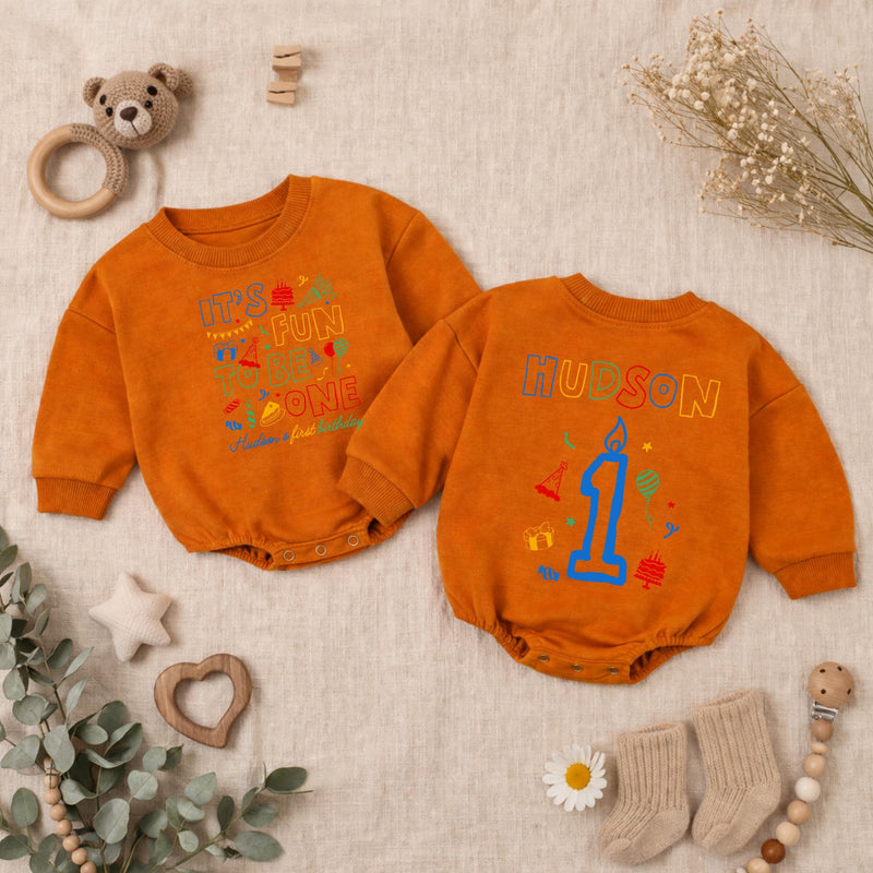Personalized It's Fun to Be One Baby Romper Birthday Bodysuit with Custom Name First Party Outfit Gift for Infant or Toddler Celebration