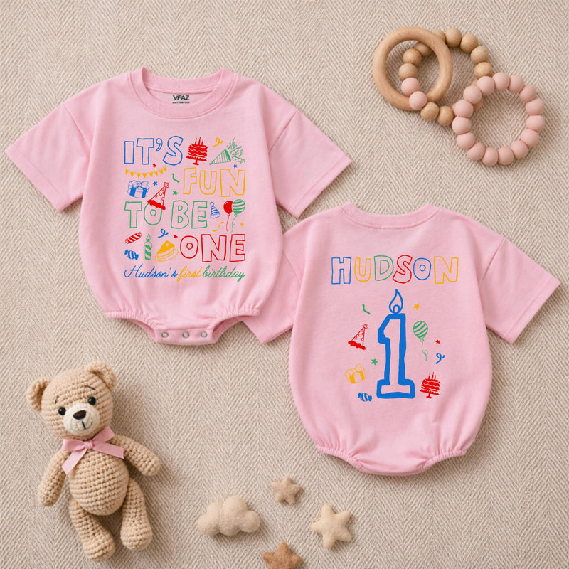 Personalized It's Fun to Be One Baby Romper Birthday Bodysuit with Custom Name First Party Outfit Gift for Infant or Toddler Celebration