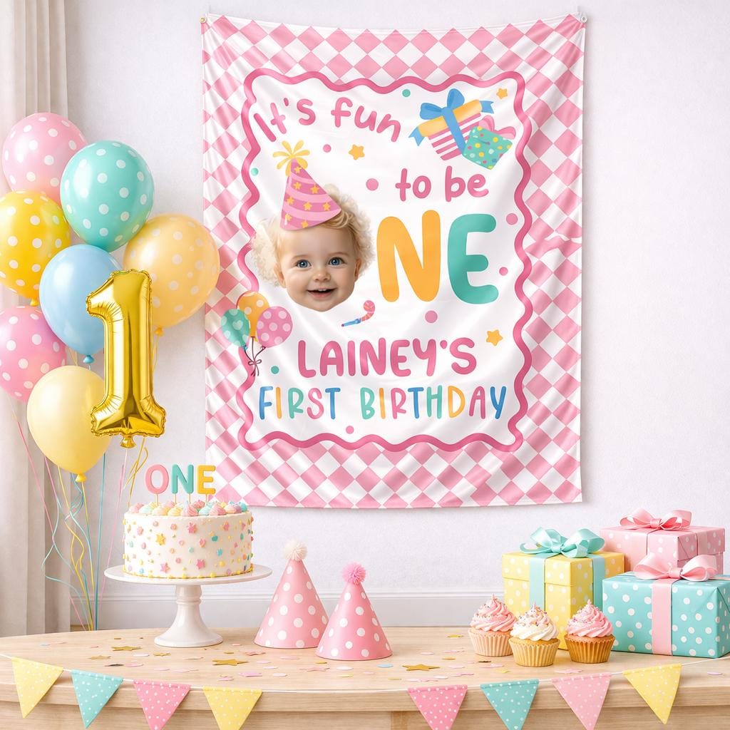 Personalized It’s Fun to Be One Banner with Baby Photo Girl First Birthday Party Backdrop Pink Checkered Frame Custom Name Lainey