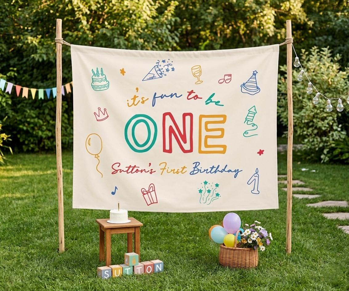Personalized It's Fun to Be One Banner with Colorful Block Letters Birthday Backdrop Custom Baby Party Decor Sutton's First Celebration