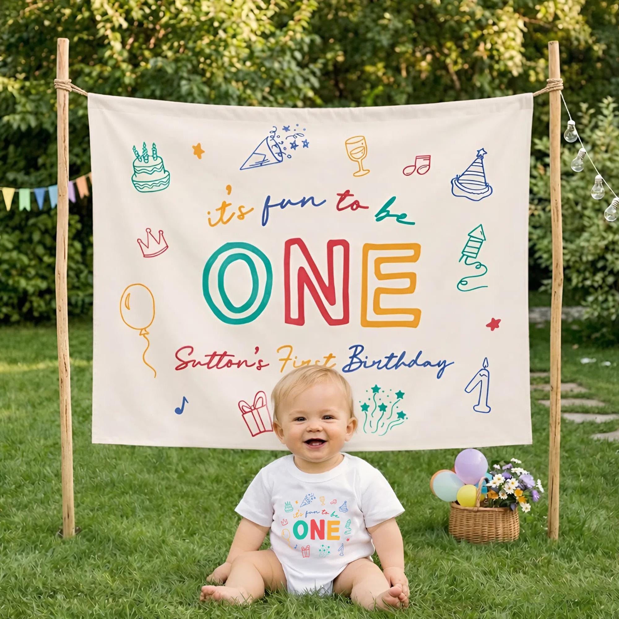 Personalized It's Fun to Be One Banner with Colorful Block Letters Birthday Backdrop Custom Baby Party Decor Sutton's First Celebration