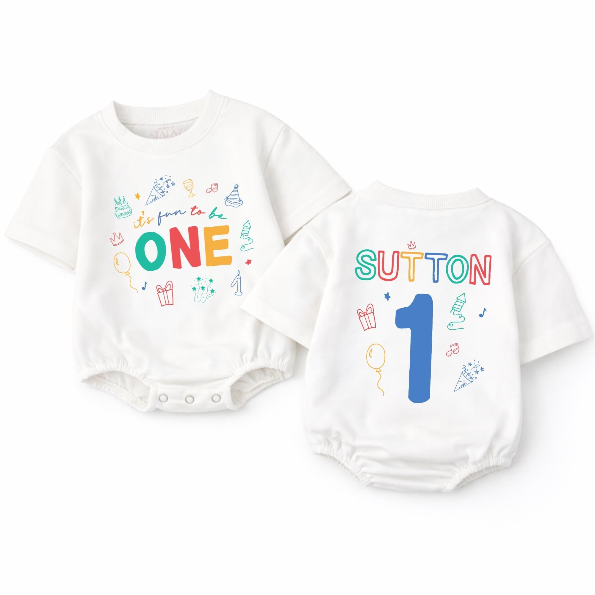 Personalized It’s Fun to Be One Banner Colorful First Birthday Backdrop Custom Baby Party Decor with Balloons, Stars, and Cake Design