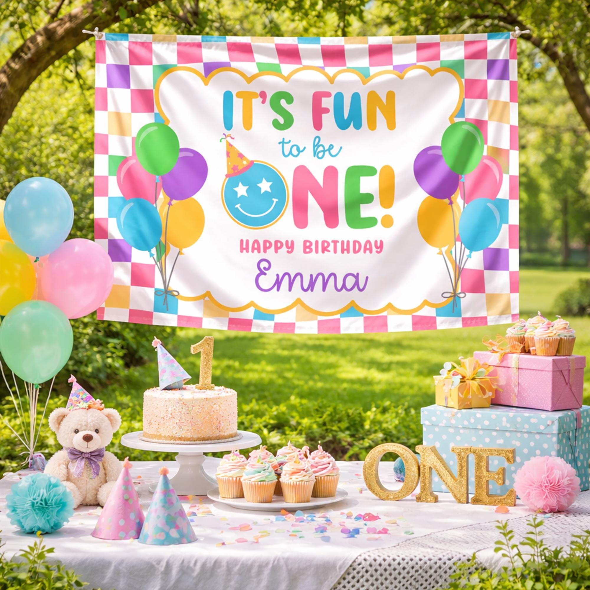 Personalized It’s Fun to Be One Birthday Banner for Baby Girl, Colorful First Birthday Party Backdrop with Balloons and Retro Design
