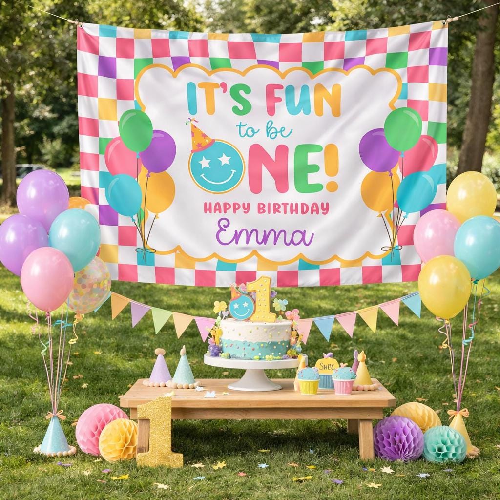 Personalized It’s Fun to Be One Birthday Banner for Baby Girl, Colorful First Birthday Party Backdrop with Balloons and Retro Design