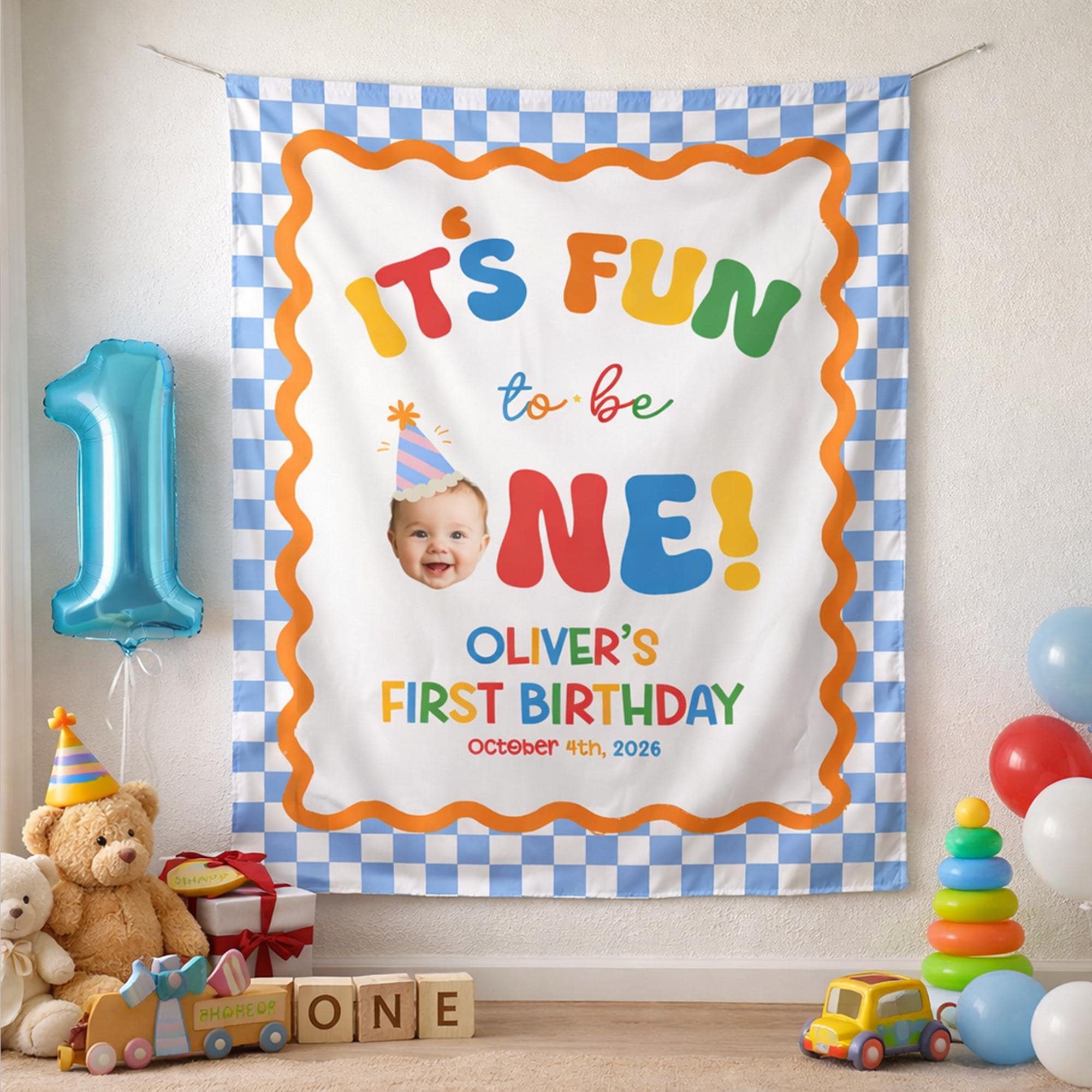 Personalized It's Fun to Be One Birthday Banner with Name and Date Vibrant 1st Birthday Party Backdrop for Baby or Toddler Celebration