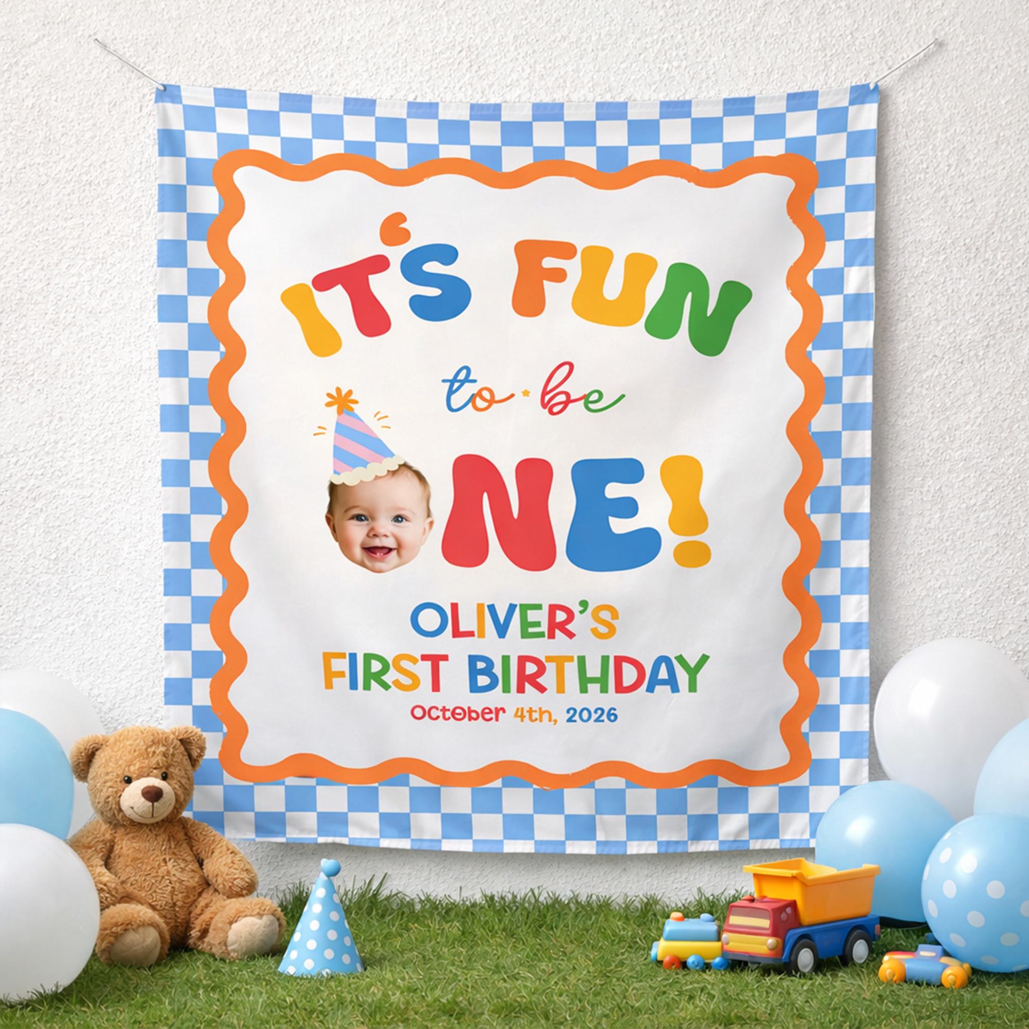 Personalized It's Fun to Be One Birthday Banner with Name and Date Vibrant 1st Birthday Party Backdrop for Baby or Toddler Celebration