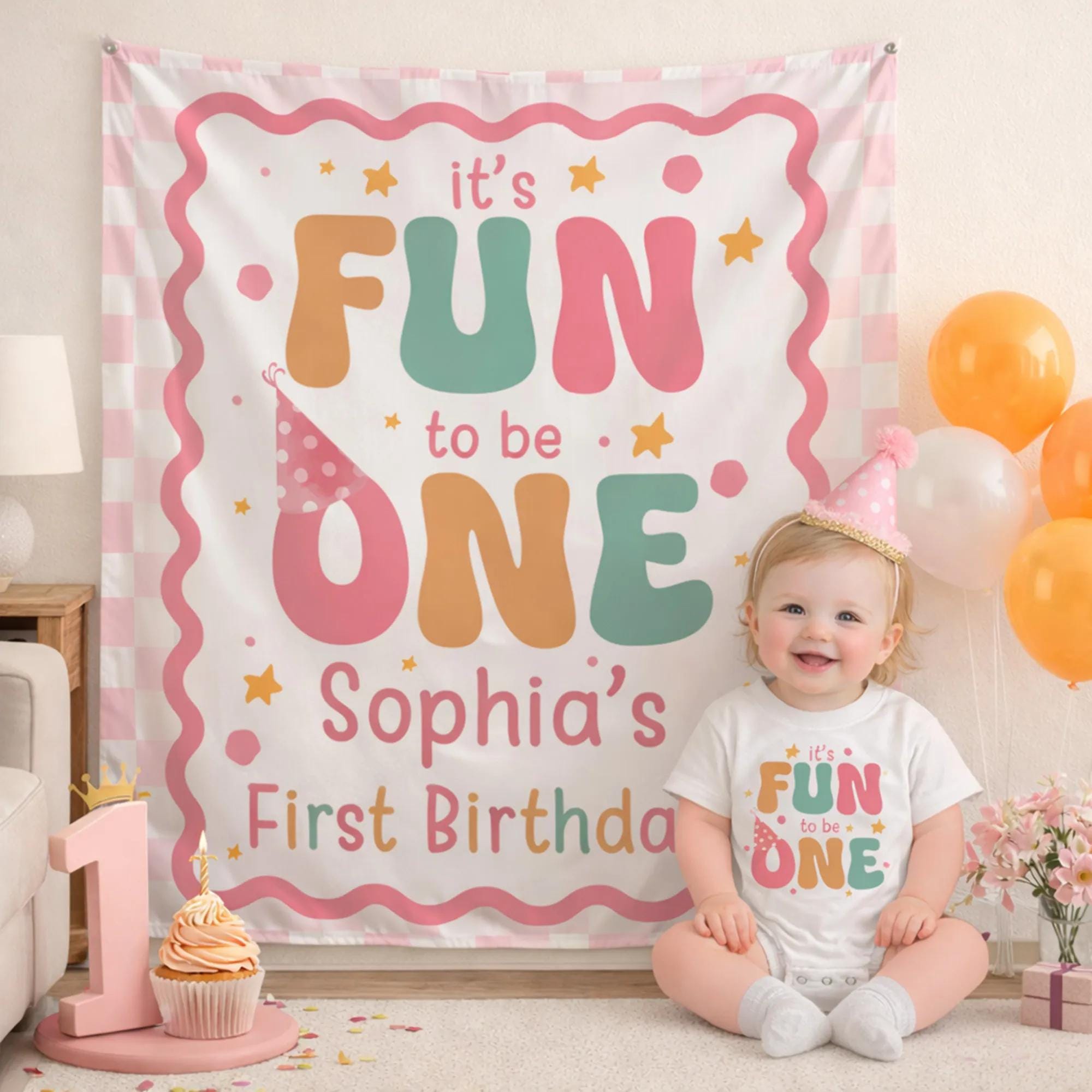 Personalized It's Fun to Be One Birthday Romper for Baby Girl with Pink Gingham Banner Cake Smash Party Outfit Soft Cotton Celebration Decor