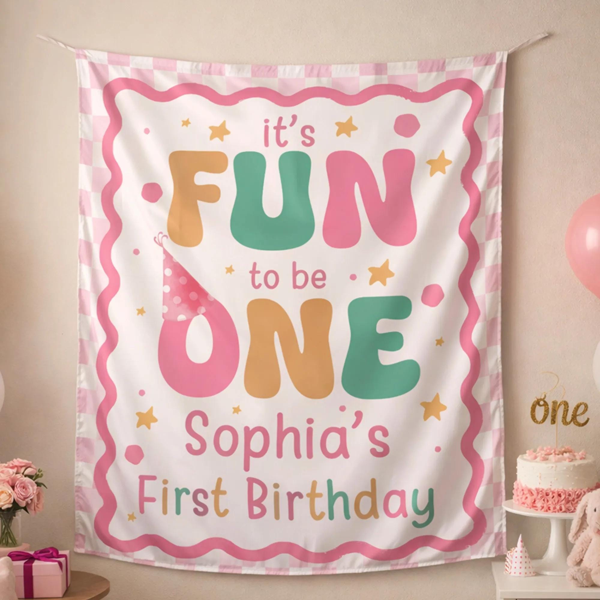 Personalized It's Fun to Be One Birthday Romper for Baby Girl with Pink Gingham Banner Cake Smash Party Outfit Soft Cotton Celebration Decor