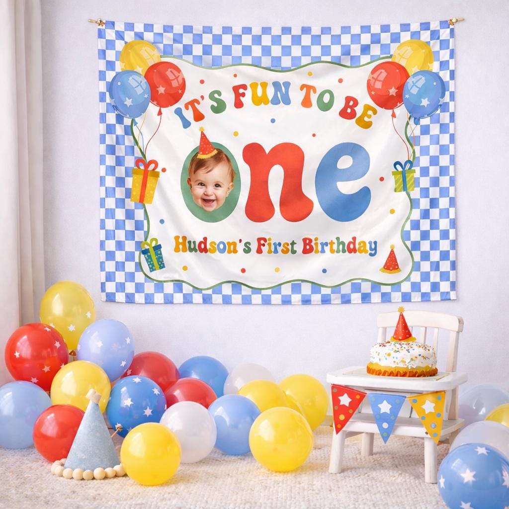 Personalized It’s Fun To Be One First Birthday Banner, Colorful Blue Checkerboard Backdrop for Baby Boy Party Decor Celebration