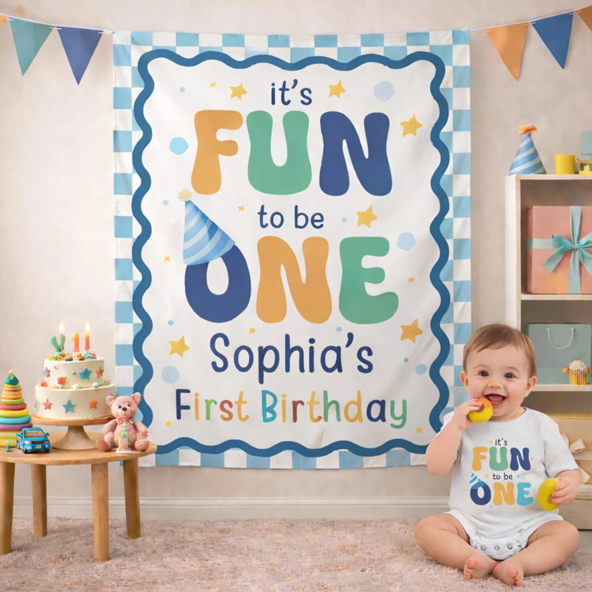 Personalized It's Fun to Be One Romper with Party Hat Design for Baby Boy Birthday Outfit, Blue Gingham Cake Smash Backdrop and Silk Banner
