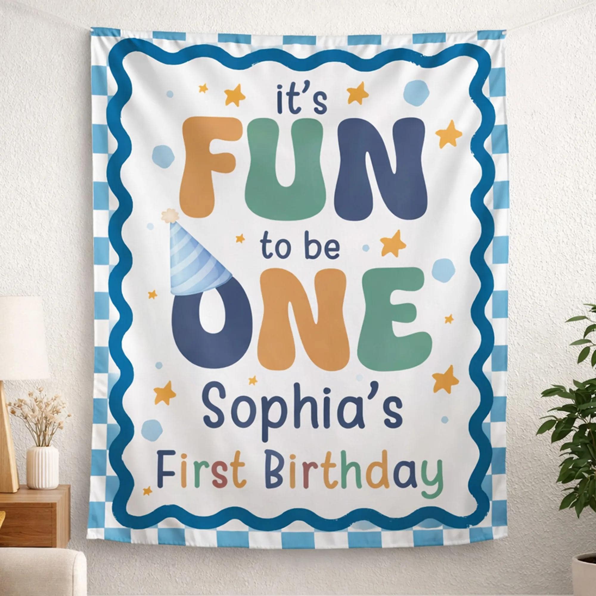Personalized It's Fun to Be One Romper with Party Hat Design for Baby Boy Birthday Outfit, Blue Gingham Cake Smash Backdrop and Silk Banner