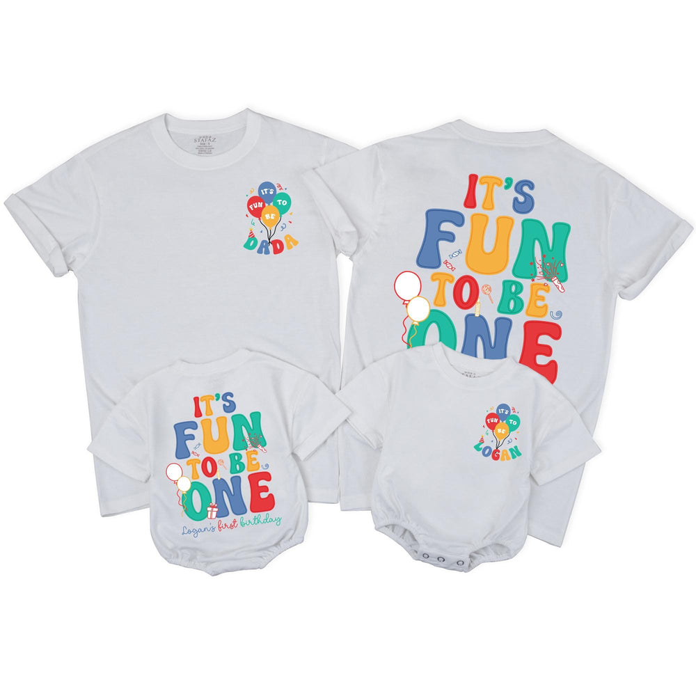 Personalized It's Fun to Be One Toddler Birthday Romper, Retro Family Matching Outfits, Baby First Party Gift Shirts with Custom Names
