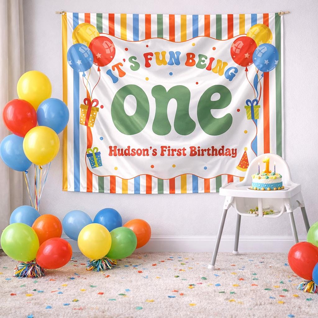 Personalized It's Fun Being One Birthday Banner with Name Custom First Birthday Party Backdrop Colorful Confetti and Gift Box Design