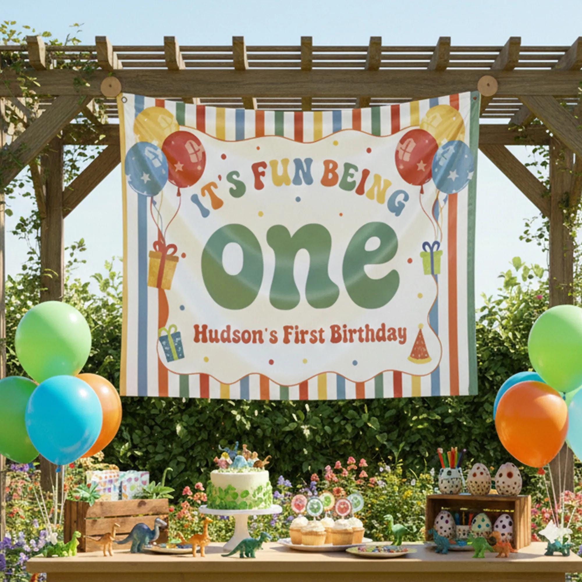 Personalized It's Fun Being One Birthday Banner with Name Custom First Birthday Party Backdrop Colorful Confetti and Gift Box Design