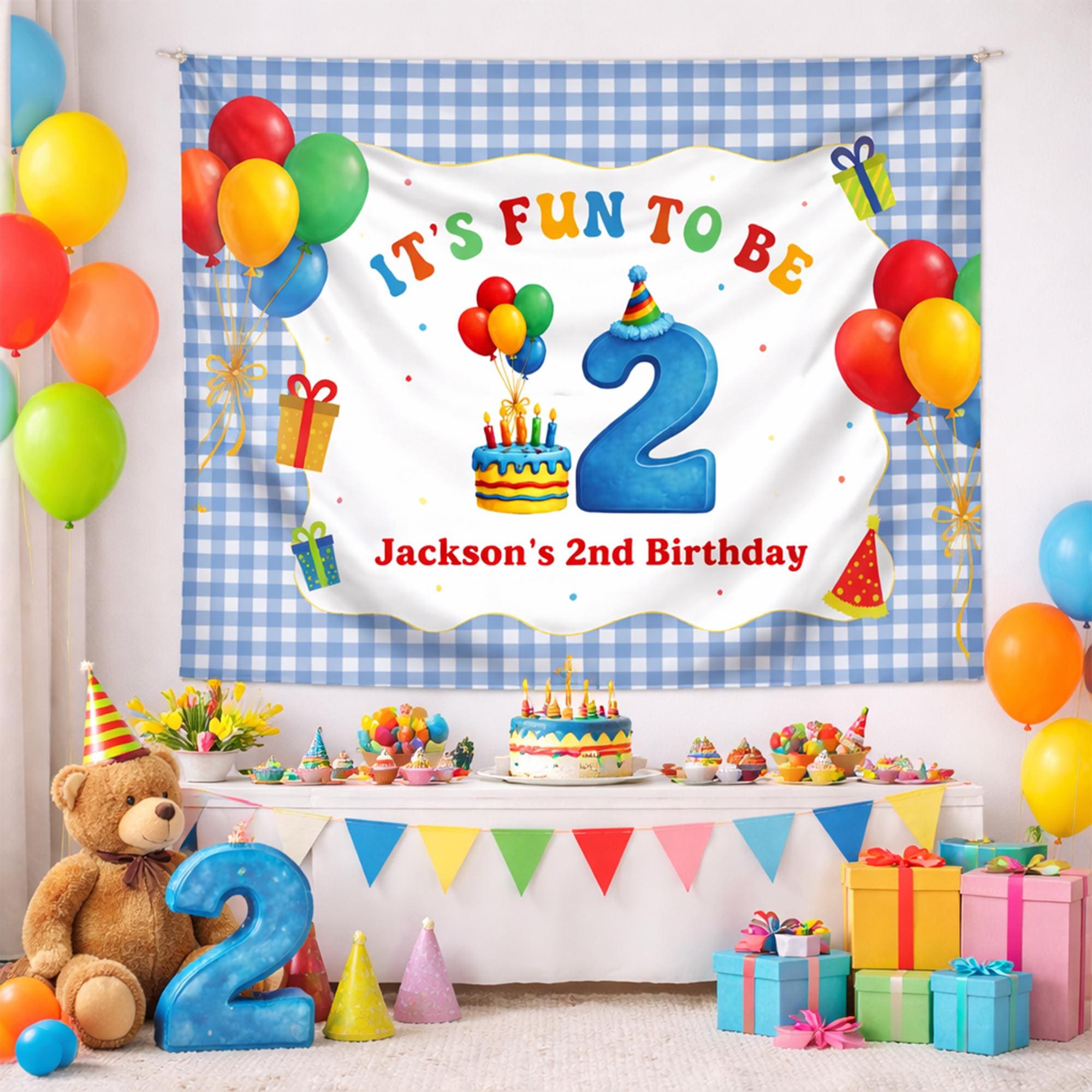 Personalized Jackson's 2nd Birthday Party Banner Fun Blue Number Two Design with Balloons Cake Gifts Custom Toddler Celebration Backdrop