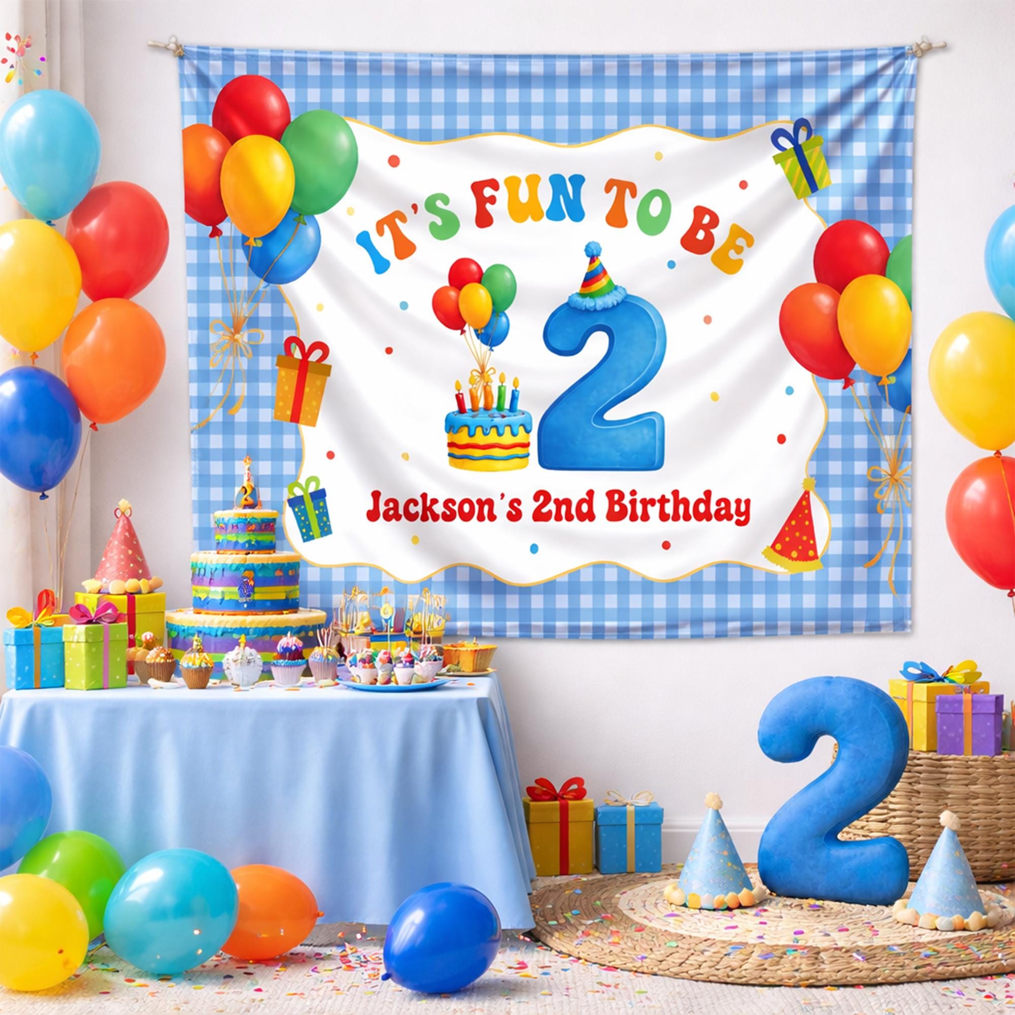 Personalized Jackson's 2nd Birthday Party Banner Fun Blue Number Two Design with Balloons Cake Gifts Custom Toddler Celebration Backdrop