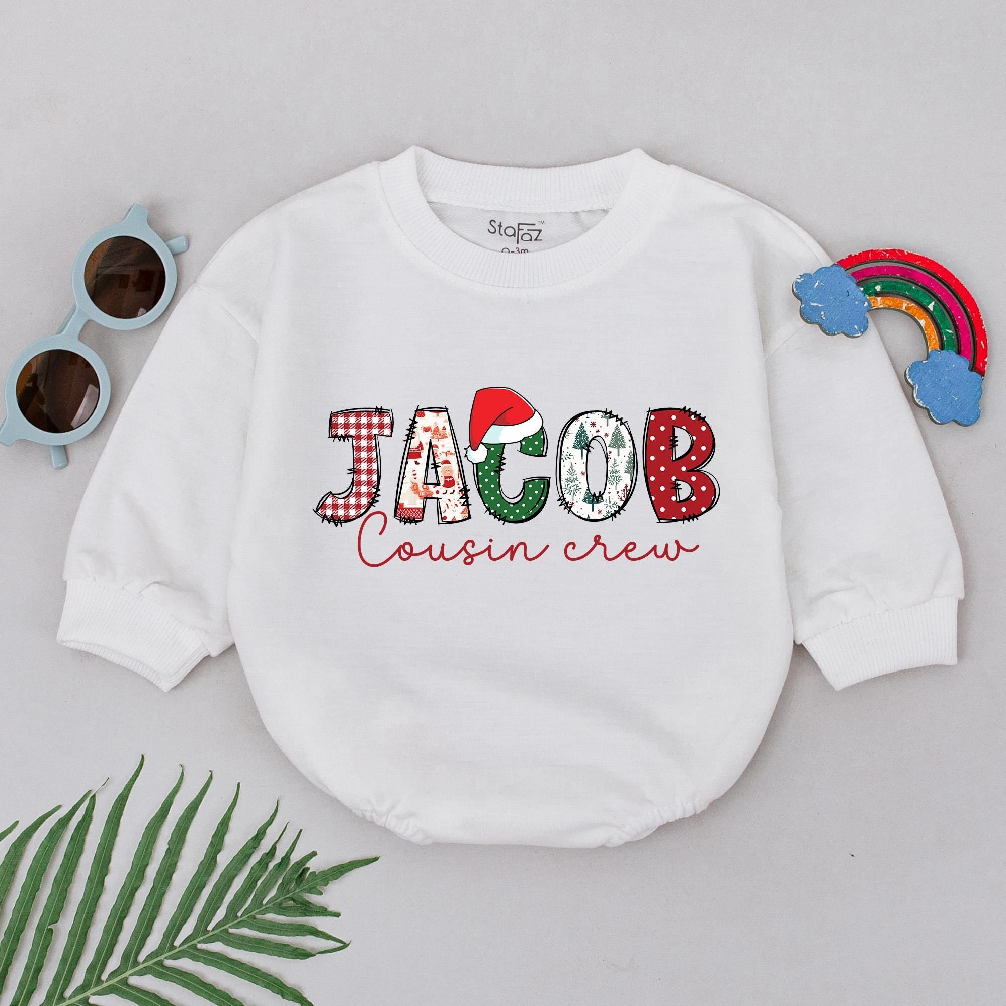 Personalized Jacob Cousin Crew Christmas Romper Festive Santa Hat Design Baby's 1st Holiday Outfit Soft Cotton Gift for Baby Shower