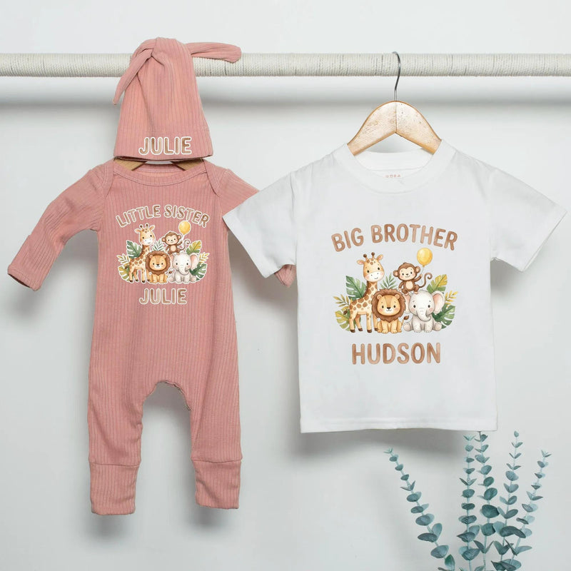 Personalized Jungle Animal Kids Outfit Set, Big Sister Little Brother Matching Shirt & Romper, Soft Cotton Baby & Toddler Gift for Any Season