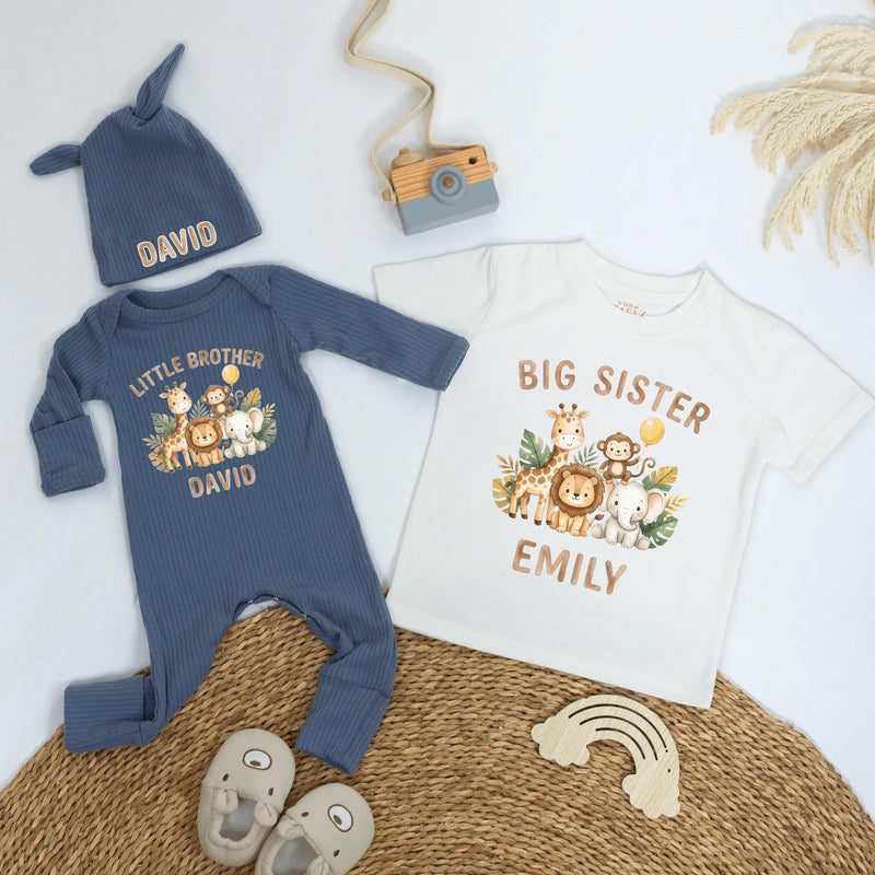 Personalized Jungle Animal Kids Outfit Set, Big Sister Little Brother Matching Shirt & Romper, Soft Cotton Baby & Toddler Gift for Any Season