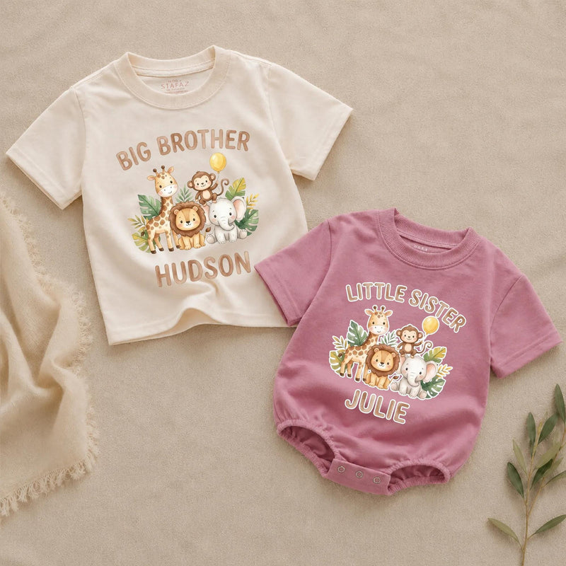 Personalized Jungle Animal Kids Outfit Set, Big Sister Little Brother Matching Shirt & Romper, Soft Cotton Baby & Toddler Gift for Any Season