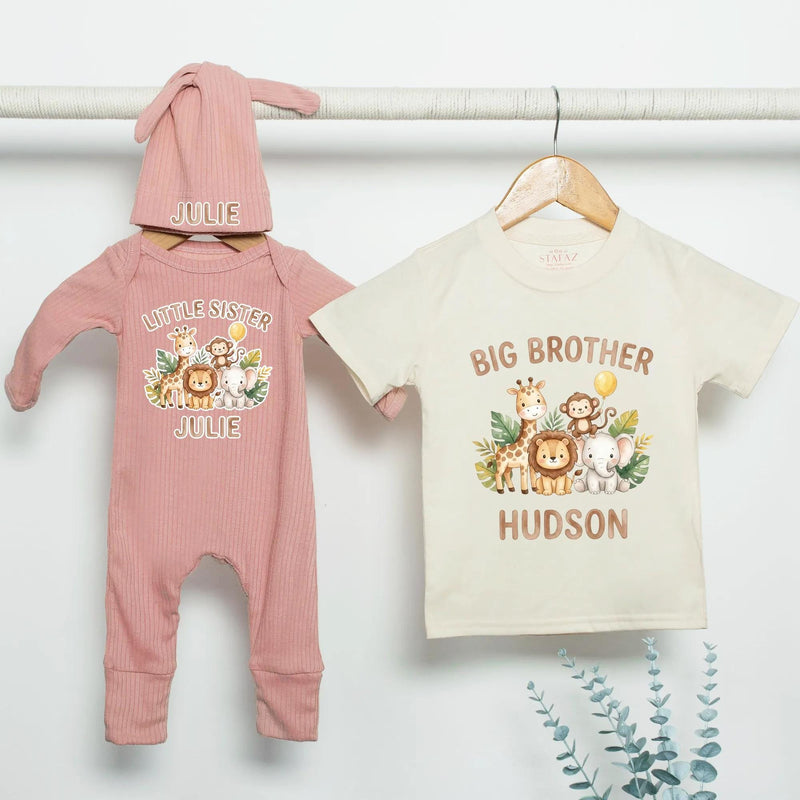 Personalized Jungle Animal Kids Outfit Set, Big Sister Little Brother Matching Shirt & Romper, Soft Cotton Baby & Toddler Gift for Any Season